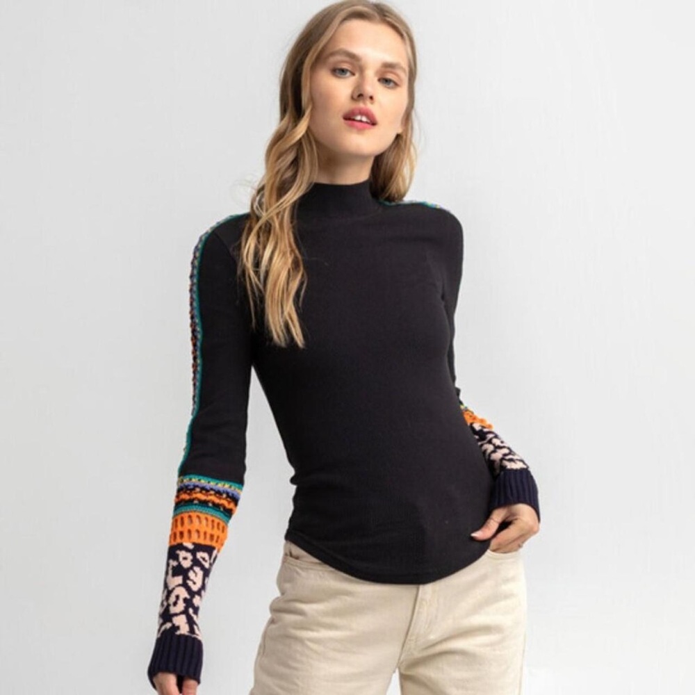 Free People Black Multicolor Knit Sleeve Top